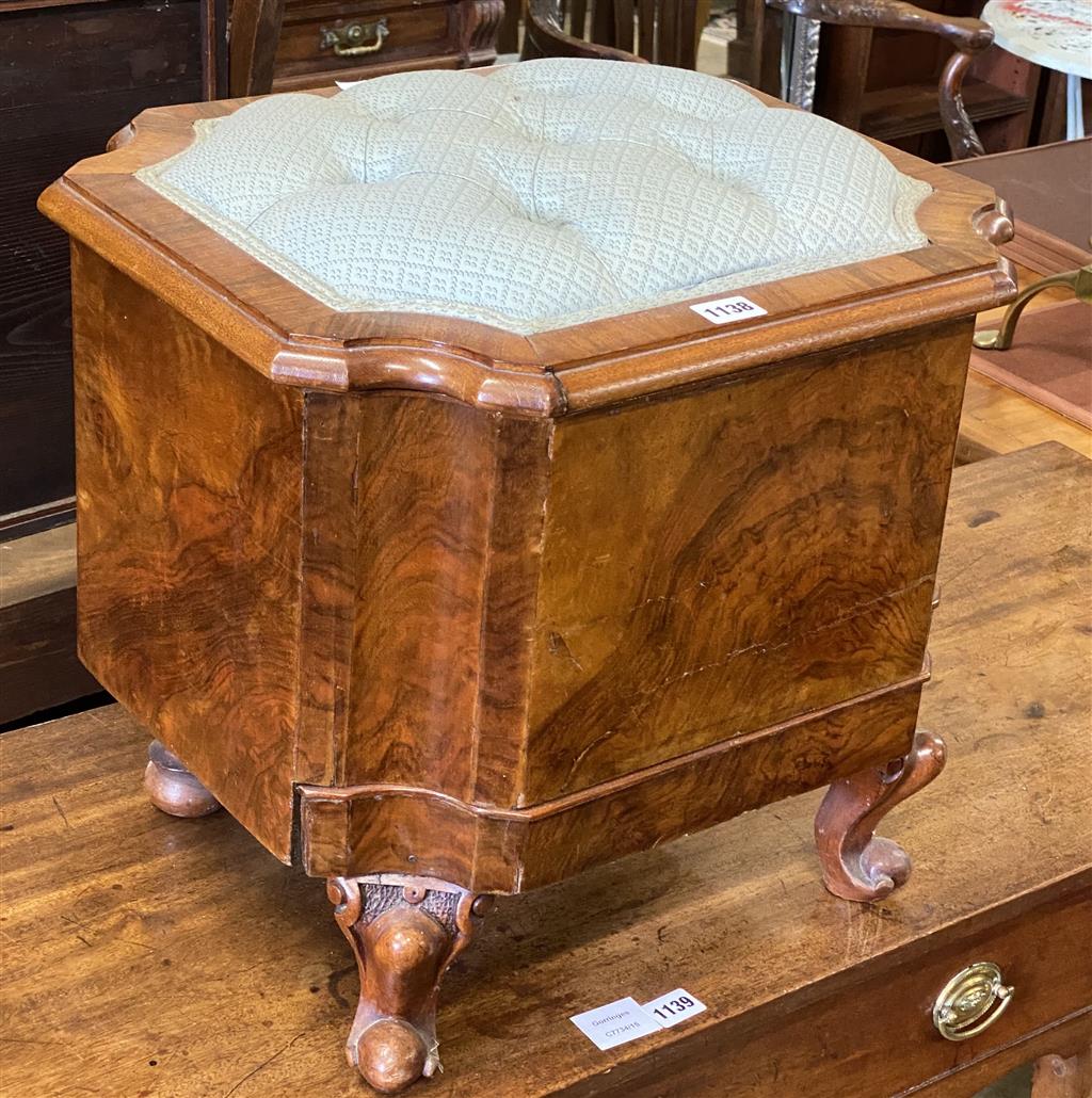 A Victorian mahogany buttoned box topped stool (formerly a commode), width 46cm, depth 40cm, height 43cm